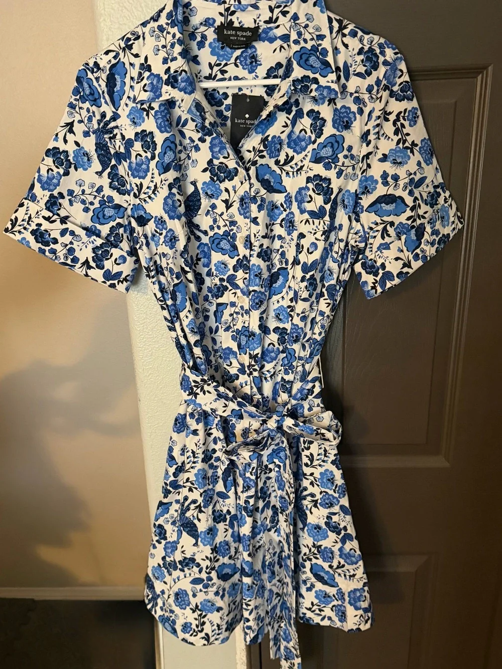 kate spade White and Blue Floral Tie-Waist Mini Dress